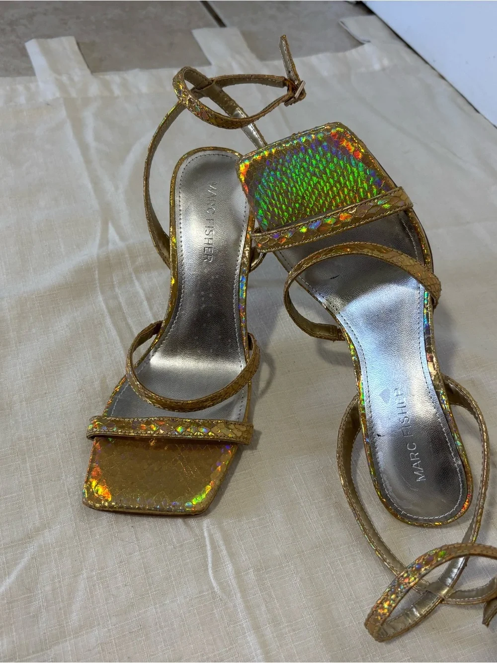 Marc Fisher Gold Holographic Strappy Heels Size 6M Square Toe Sandals